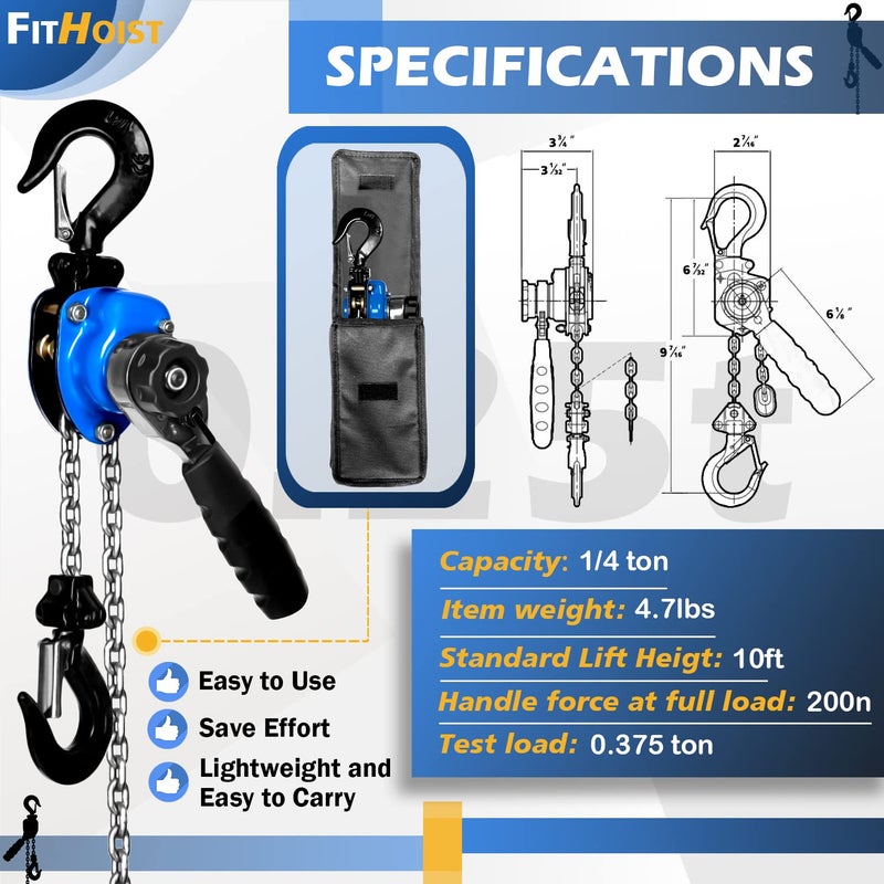 FITHOIST Mini Chain Hoist 1/4 ton 550Lbs Capacity 10ft Lift Small Come Along Alloy Steel G80 Chain 2 Heavy Duty Hooks  Manual lever chain hoist for Garages Warehouse Automotive Machinery - Image 2